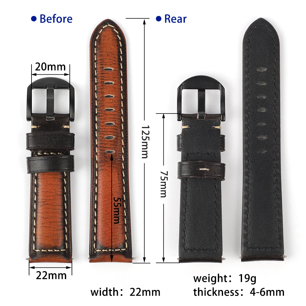 Vintage Genuine Leather Strap 22mm Cowhide Watch Band Quick Release Bracelet Wristband for Smart Watchband Watch Accessories