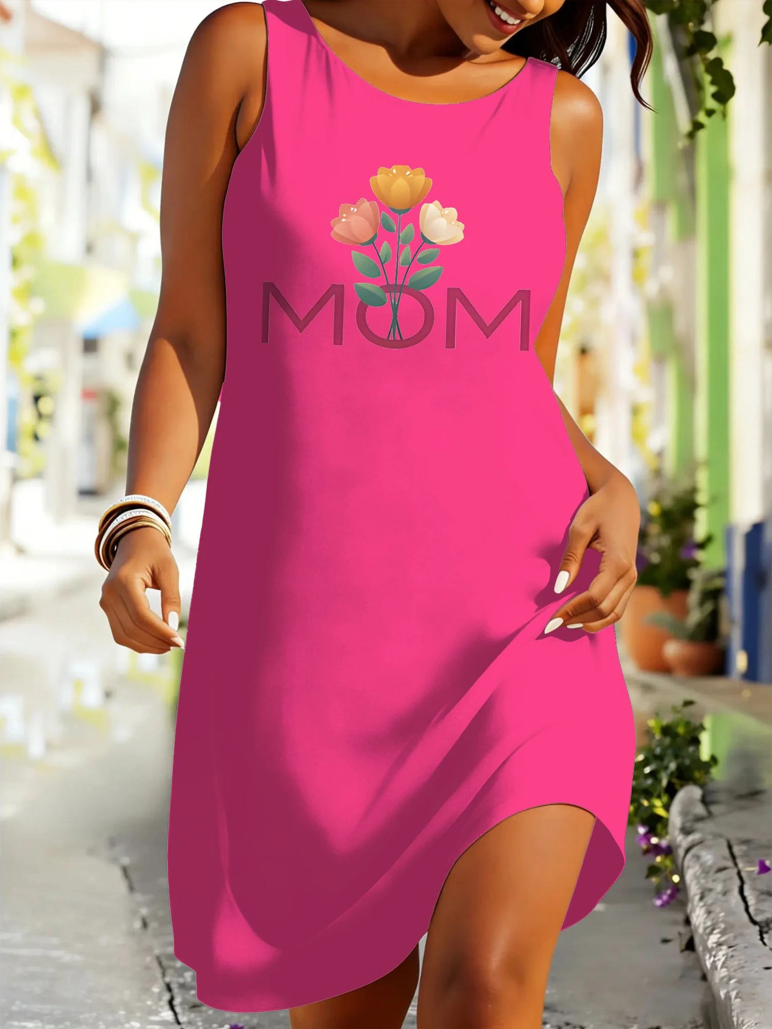 Plus Size Womens Elegant Casual Dress - Mom Flowers Print Fashion Sleeveless Crew Neck Dress - Perfect For Summer Vacation & Great Gift