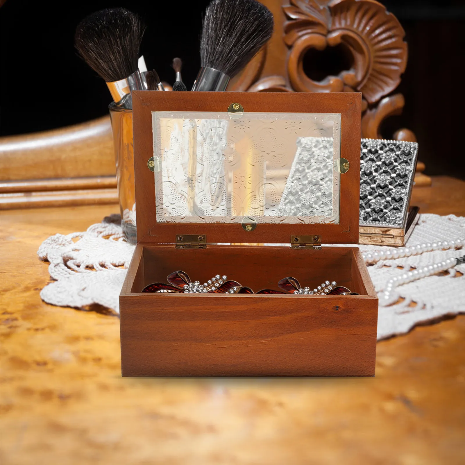 

Vintage Wooden Jewelry Box Retro Organizer Case Glass Lid Storage for Earrings Bracelets Necklace Trinket Holder