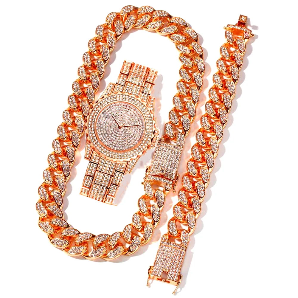 Classic Luxury Unisex Jewelry Set Bling Icedout Cuban Necklace Watch Bracelet Street Style Bar Club Rap Holiday Gifts Daily Wear