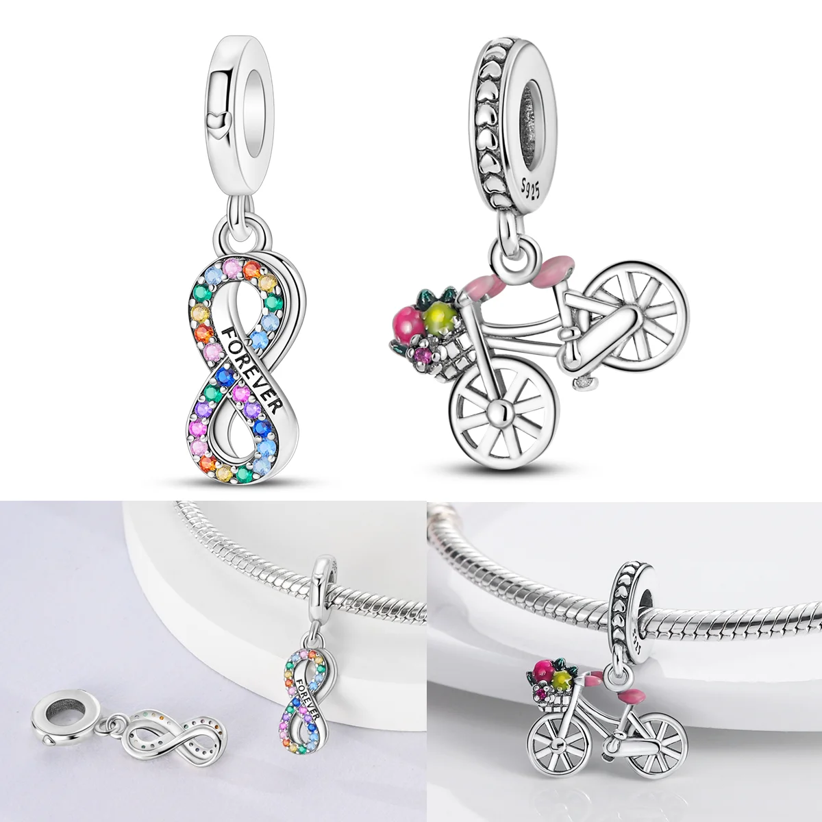 925 Sterling Silver Beautiful Eternal Love Charms Bead CZ Zircon Bicycle Dangle Fit Original Bracelet DIY Women Jewelry Gift