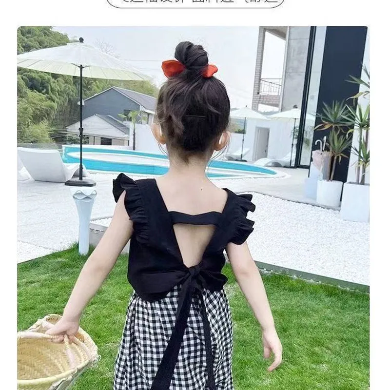 

Children's Summer Suit Suit Girls Summer Korean Version of the 2026 New Fashion Undershirt Nine Points Plaid Wide Leg Pants Suit