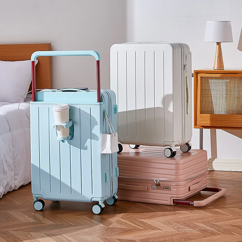 20 "24" 26 Polegada alça larga mala de viagem pc zíper rolando bagagem trole caso com rodas bagagem de mão com suporte de copo