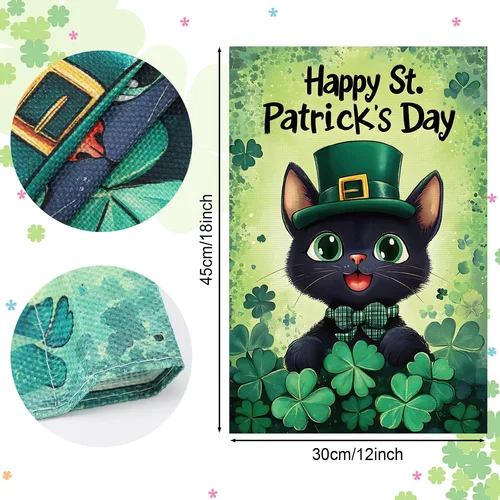 Happy St. Patrick’s Day Garden Flag 12x18 Inch, Linen Cute Black Cat Double Side JJE DDI GGX