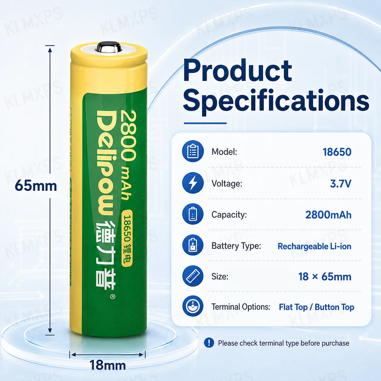 3.7V 18650 Rechargeable Battery 2800mAh Lithium Ion Cell Flat Button Top Battery for LED Flashlight Headlamp DIY Devices