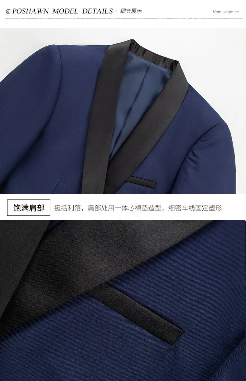 US-Größe Herren Anzug-Set mit Revers und Schwarzem Kragen, 3-teilig: Mantel, Weste, Hose / Business-Bräutigam-Hochzeitsanzug, Formeller Blazer, Hose, Weste – Detail 9