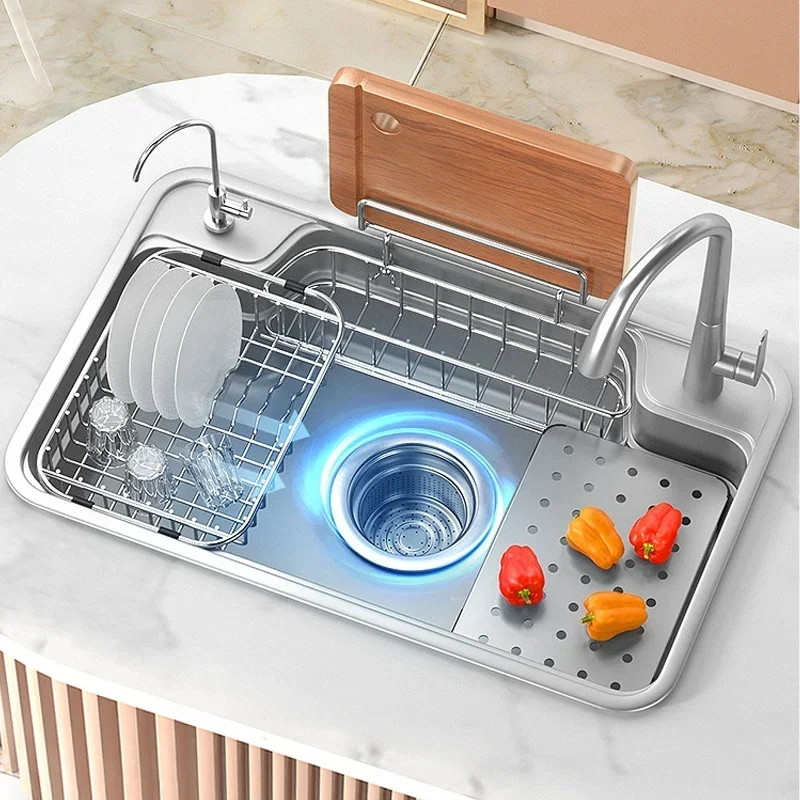 Stainless Steel Kitchen Large Single Slot Household Dishwashing Sink Under the Counterbasin Multifunction Wash Basin