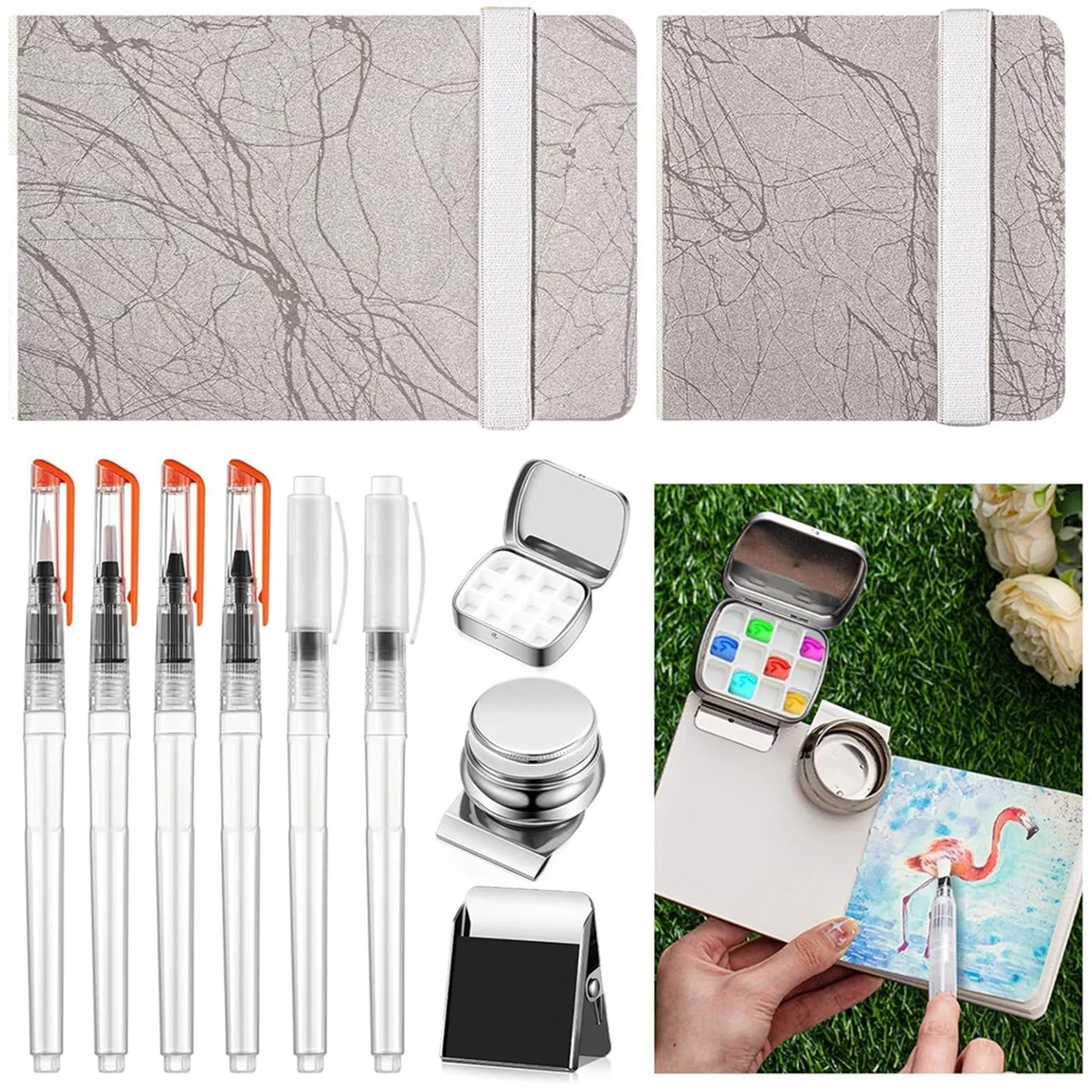 11 Pcs Mini Portable Watercolor Palette Set,12 Grids Watercolor Palette Watercolor Paper Pad, Sketch Book, Brush Pens