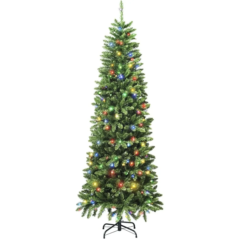 7.5ft Artificial Prelit Pencil Christmas Tree with Stand,Multicolor Lights,Decorated for Home Holiday Party