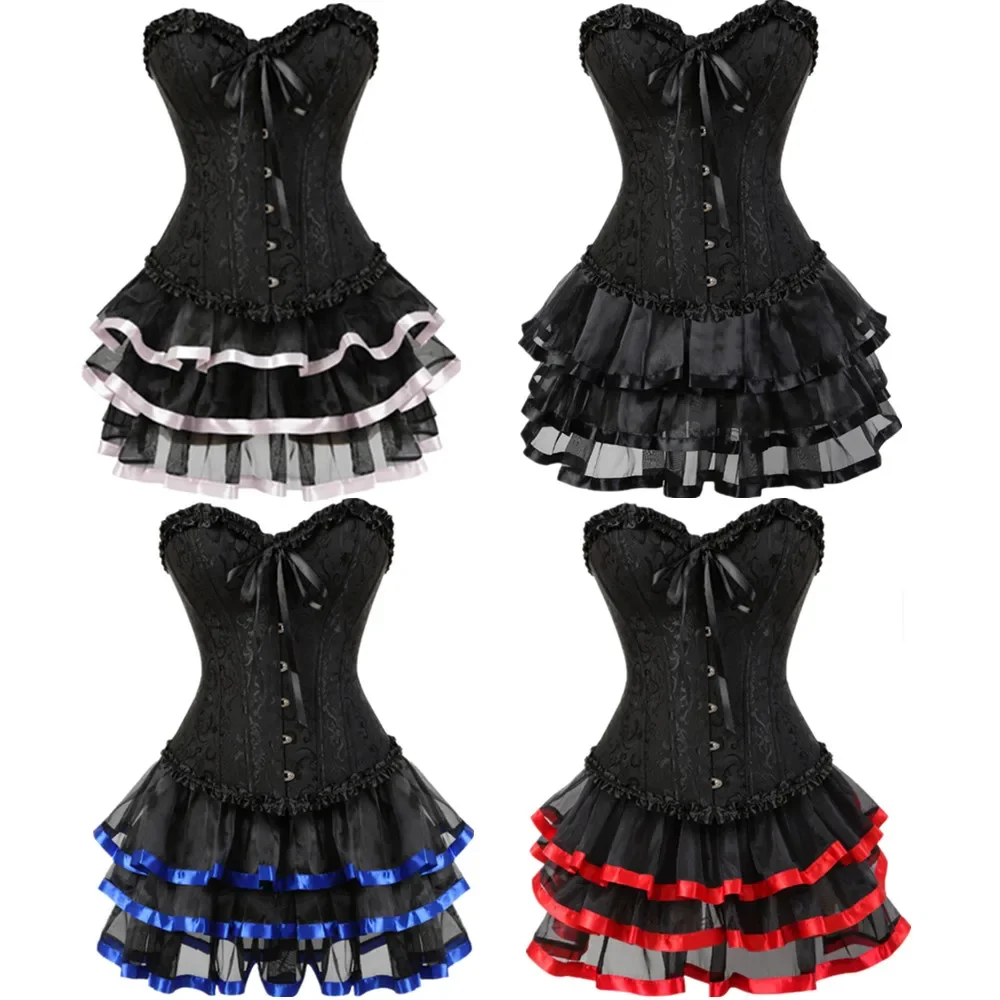 XS-7XL Women Sexy Corset Dress Plus Size Lace Floral Costume Overbust Burlesque Bustier and Skirt Set Tutu Corselet Gothic Gowns