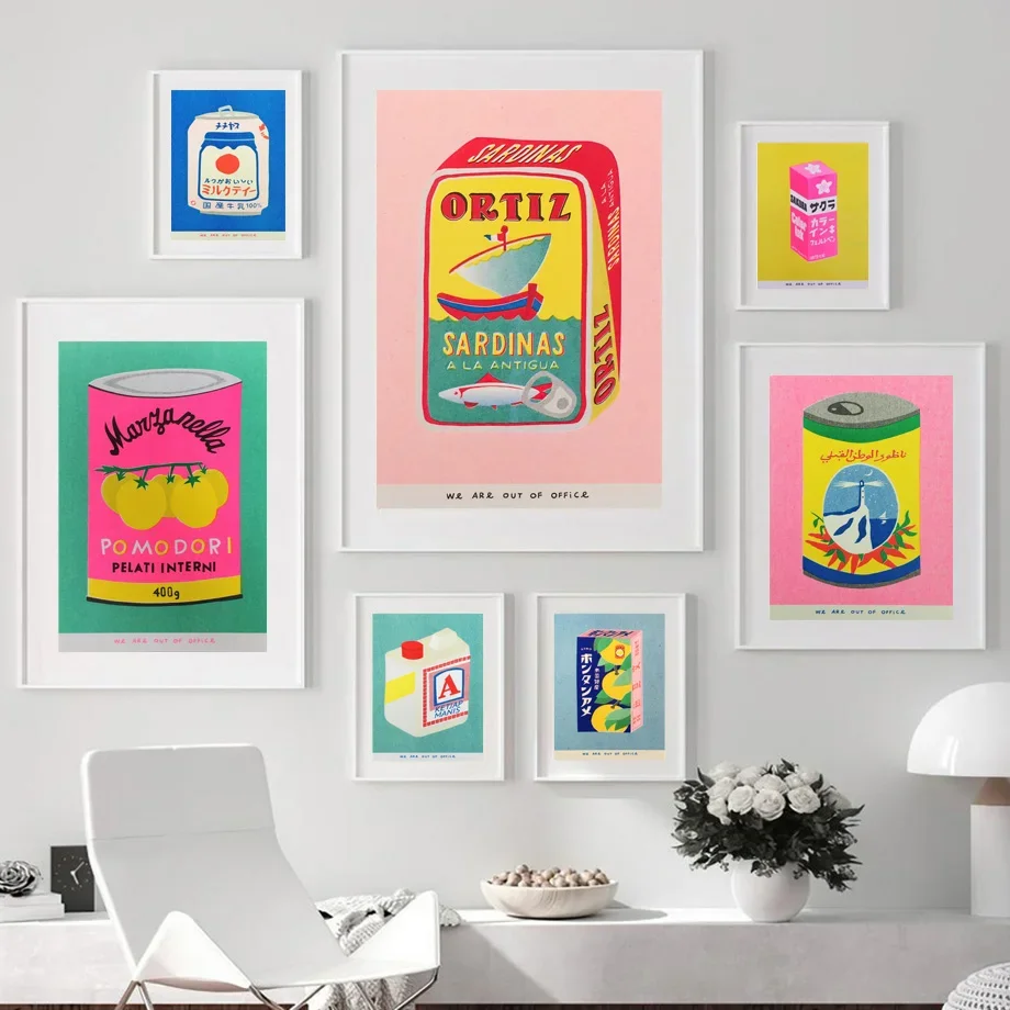 Japanese Pink Cherry Blossom Ink Canned Sardines Tomato Wall Art Painting Nordic Poster Printing Picture Living Room Decor