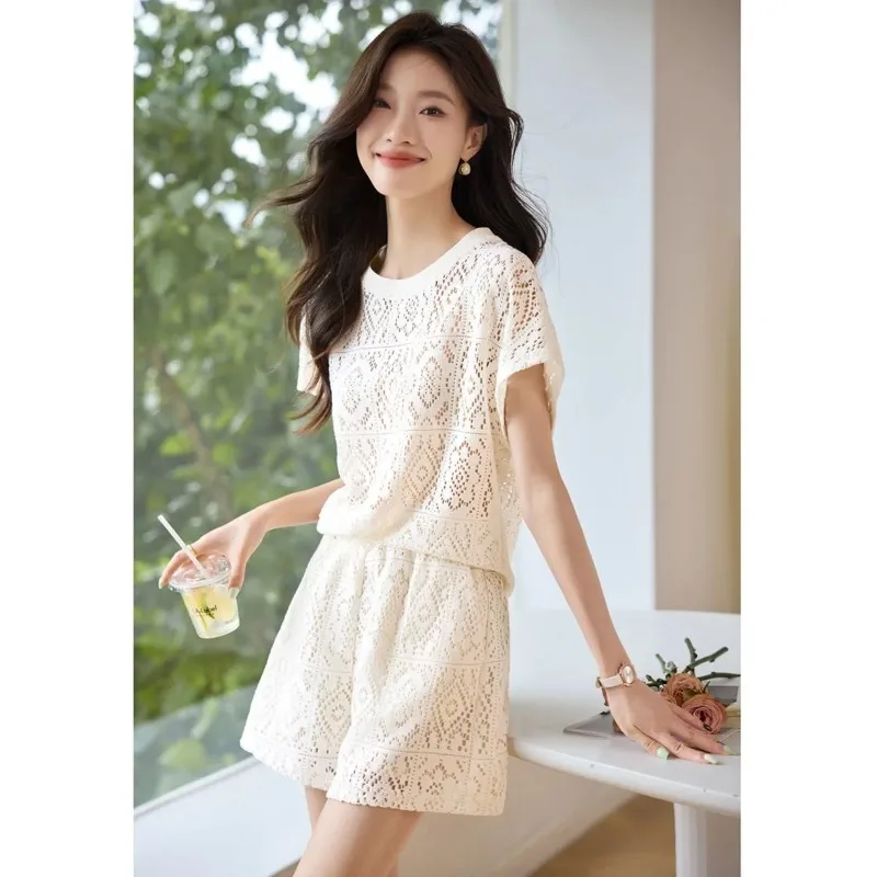 

Women Summer Crochet 2-Piece Set Short Sleeve Top & Shorts Casual Elegant Outfit