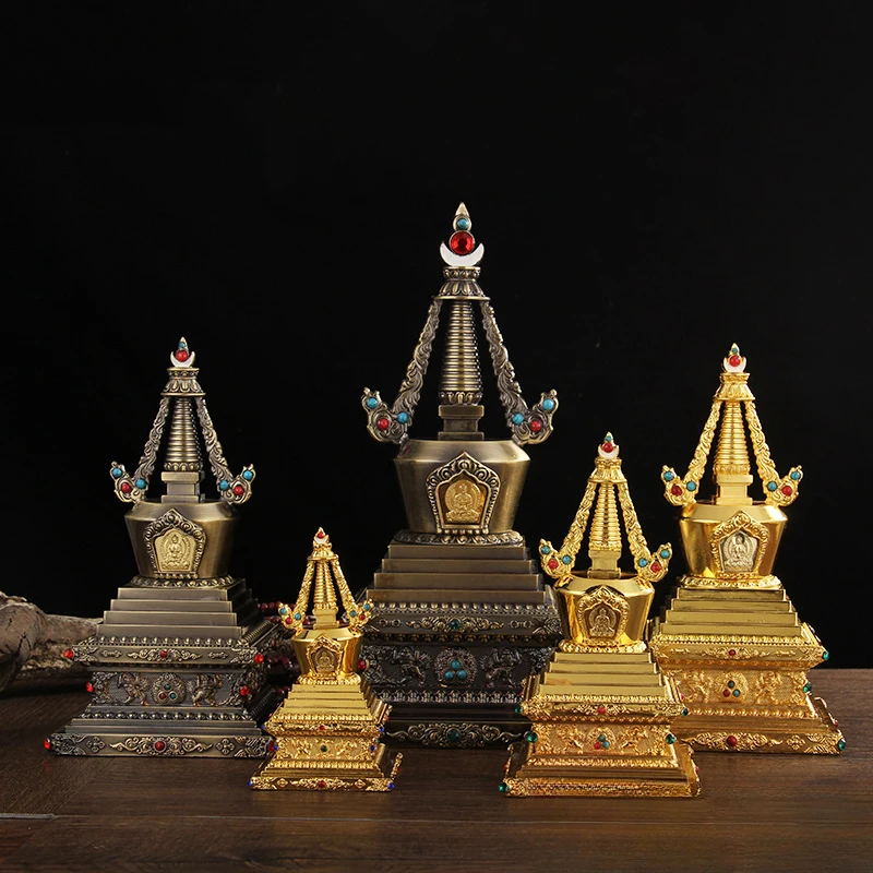 12/17/21cm Tibetan Buddhist Stupa Bodhi Tower  Antique Gold Bronze Gilded Inlaid Gem Sarira Reliquary Buddha Shrine Decoration