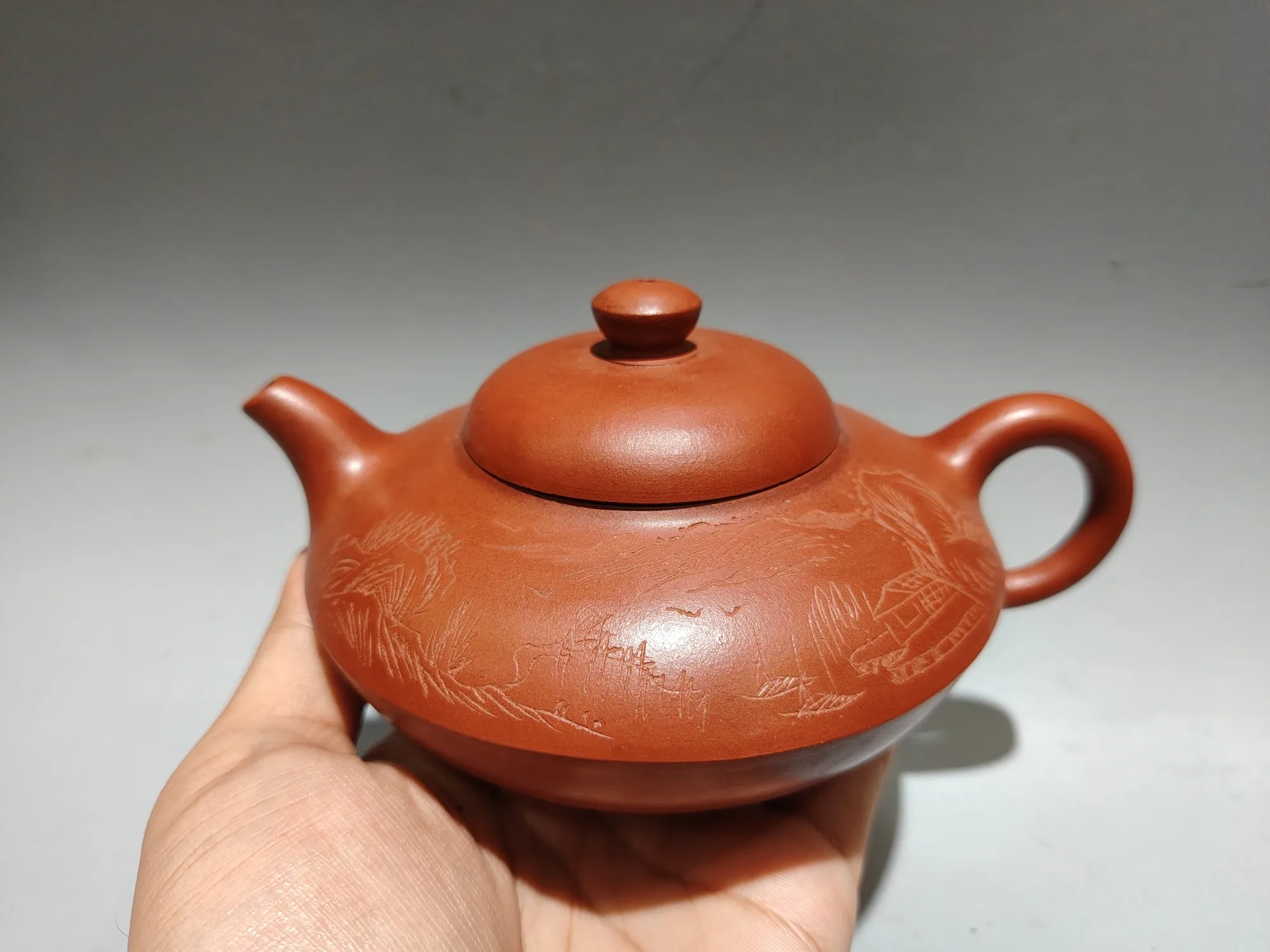 

6"Chinese Yixing Purple Clay Pot Flat Hat Shape Kettle Teapot Pot Landscape painting Teapot Tea Maker Office Ornaments