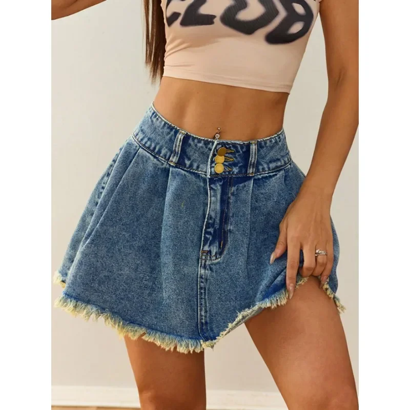 

‌2025 SS Retro High-Waist Denim Mini Skirt - Raw Hem & Anti-Slip Design‌