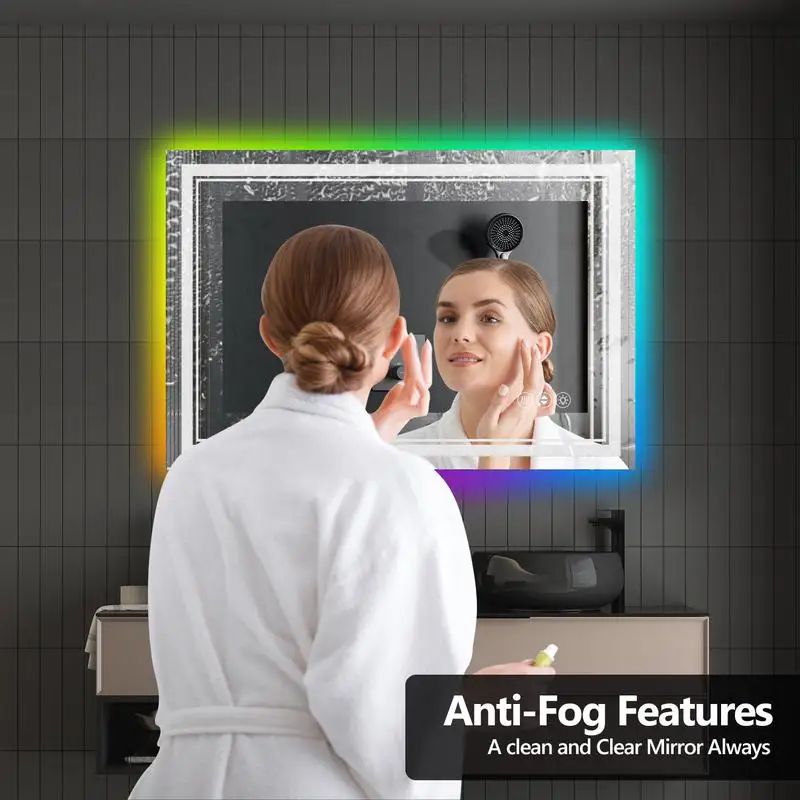 مرآة حمام ذكية LED بدون إطار مقاس 55 × 36 بوصة مع إضاءة خلفية RGB #4