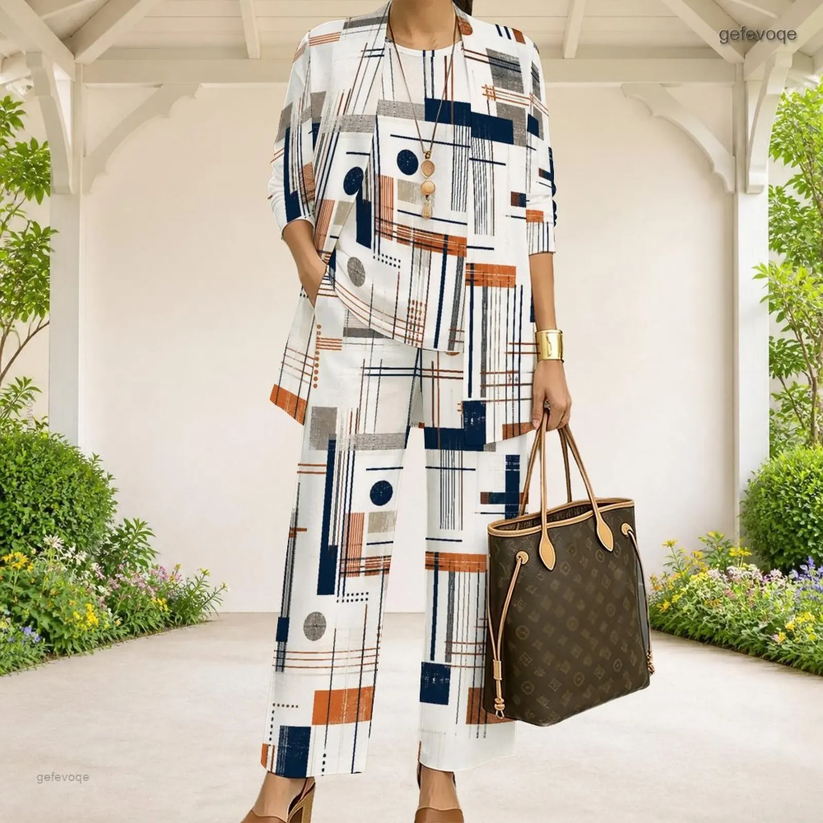 Women Radial Geometric Printed 3 Piece Pants Set 3/4 Sleeve Cardigan Sleeveless Top Long Pants Black White Orange - view 2