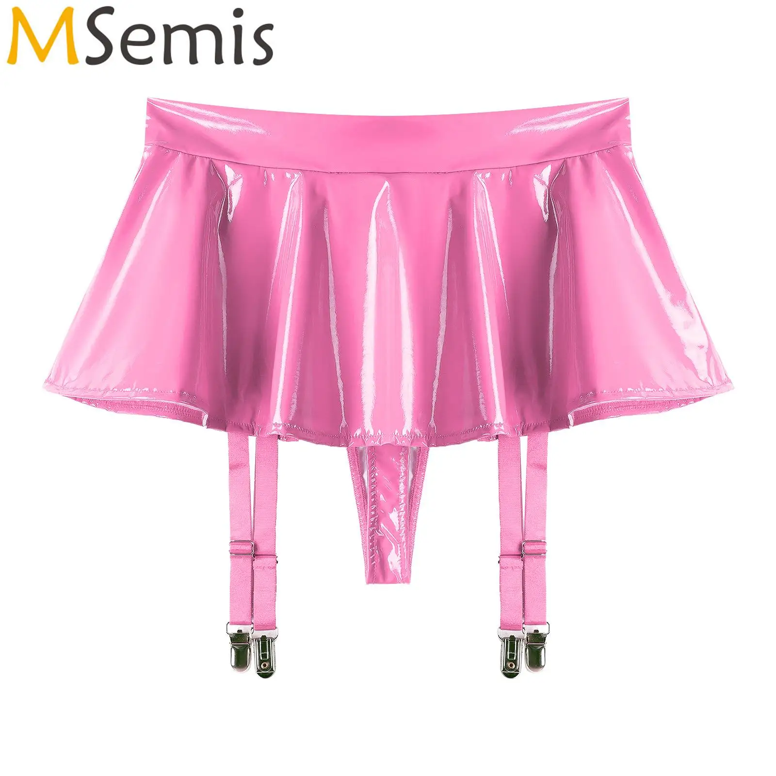 Sexy Womens Ruffle Mini Skirt Built-in Thongs Garter Belts Metal Clips Wet Look Patent Leather Lingerie Miniskirt Rave Clubwear