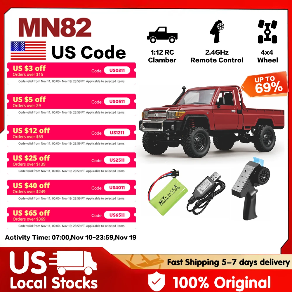 

MN-82 1:12 Retro Red RC Car with LED Lights 4 WD Remote Control Pickup Truck Model 2.4G Climbing Car Metal Toy for Boys Kids New