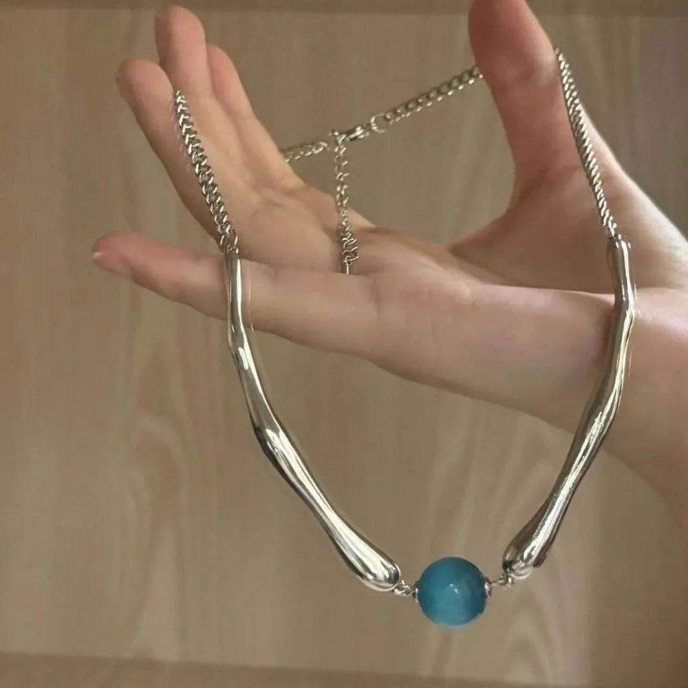 New Y2k Crystal Pendant Necklace Adjustable Length Blue Crystal Clavicle Necklace Blue Tone Stylish Blue Opal Necklace For Women
