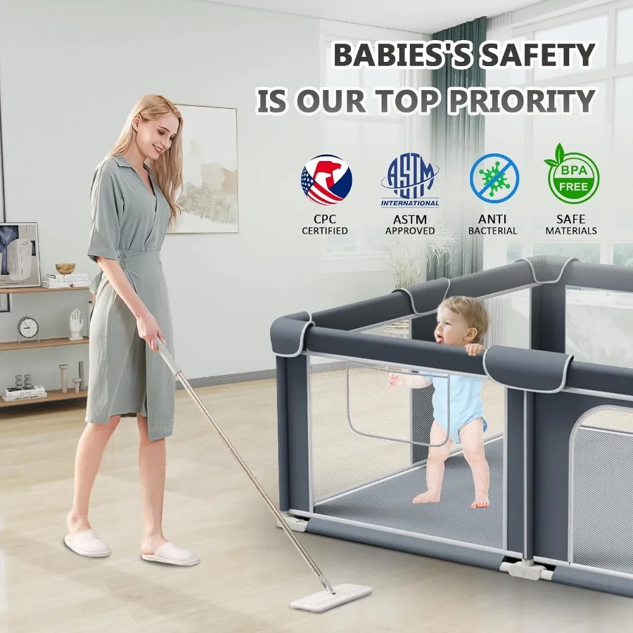 Opvouwbare box voor baby's en peuters 50"x50" Draagbare speeltuin met mat Opvouwbare speelpen met stevig metalen frame en M