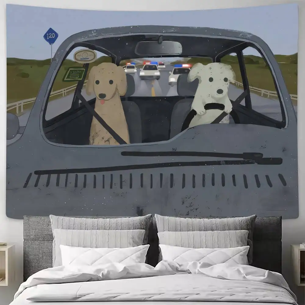 Funny MEME Dogs Driving Car Tapestry, Humor Cartoon Puppy Highway Chase Wall Hanging, Creative Animal Art Wall Decor