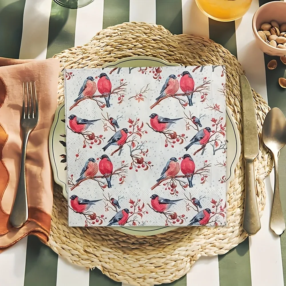 40pcs Colourful Printed Napkins Red Magpie Branch Disposable 33cm 2-Ply Paper Placemat for Party Dinner Table Layout Supplies