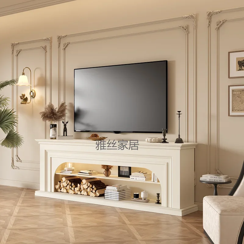 French Cream Wind Fireplace TV Cabinet Living Room Background Wall Retro Simulation Fire TV Cabinet Solid Wood Entrance Cabinet