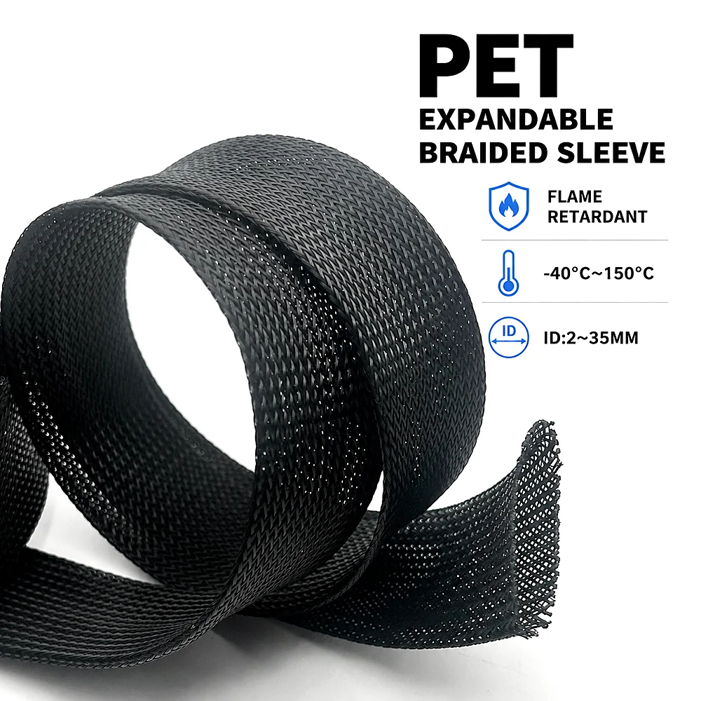 Black Flame-retardant PET Braided Sleeve ID 2-35mm Breathable heat dissipation/wire sorting protective mesh cover