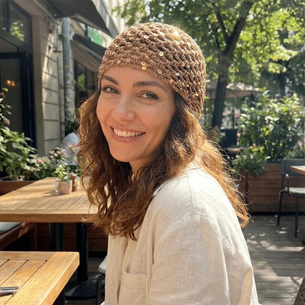 Fashion Hollow Knit Hollowed Out Beanie Hat Breathable Sequined Crochet Sequined Hat Y2K Fringed Bohemian Style Beanies Dail