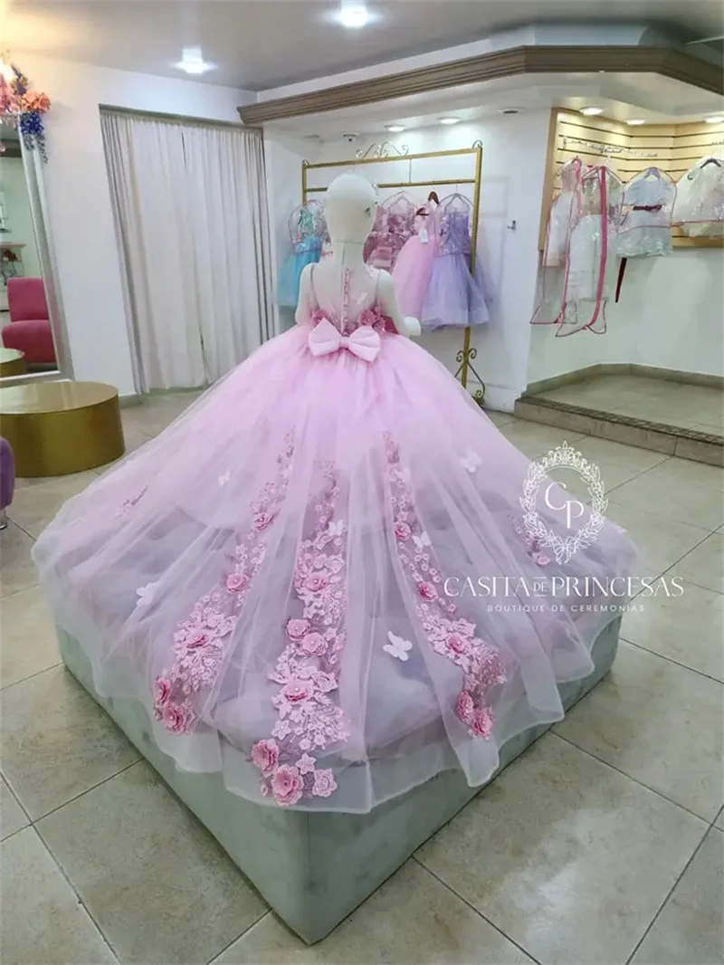 Customized Light Pink Flower Girl Dresses For Wedding 3D Flowers With Long Tailing Quinceanera Princess First Communion Gown