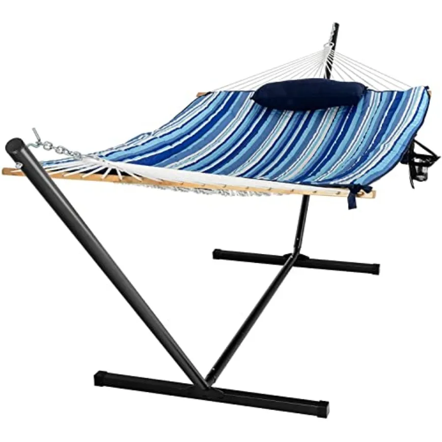 

2 Person Hammock with Stand Included, Double Portable Hammocks with Cotton Mat, Pillow, Cup Holder, 450 LBS Load Capacity, Free