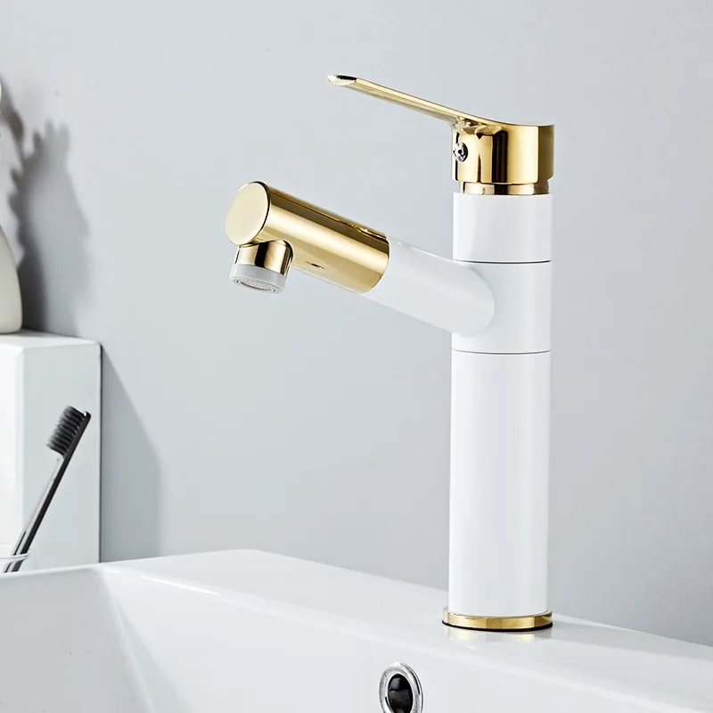 Bathroom Basin Faucet Brass Sink Mixer Tap Hot & Cold Pull Out Single Handle Deck Mount Rotating Lavatory Water Crane Black Gold