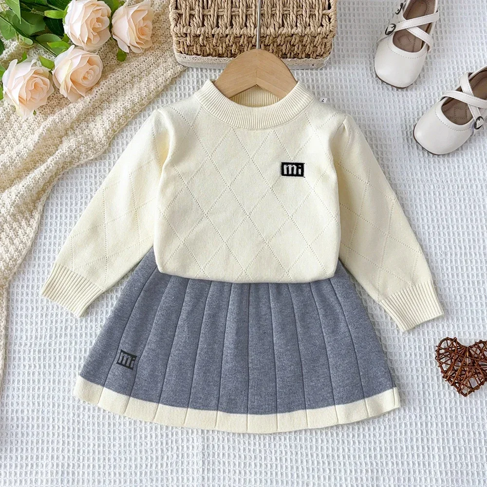 Korean College Style Winter Long Sleeved Round Neck Letter Printed Sweater+ Pleated Skirt Two-piece Sets Kids Clothes