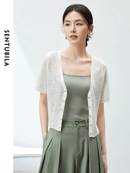 SENTUBILA Soft Short Sleeve Cropped Knitted Cardigan 2024 Summer New Female Knitwears V-neck Single Breasted Tops W42H54604