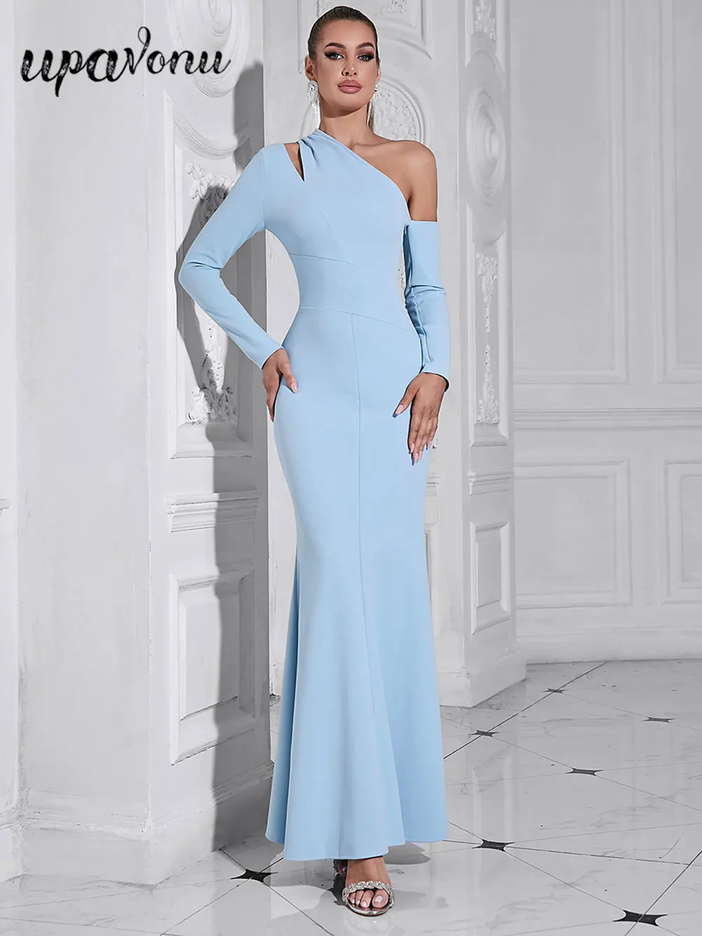 

2024 Sexy Women's Sky Blue Long Dress with Diagonal Collar and Long Sleeve Bodycon Fishtail Dress Cocktail Evening Party Vestido