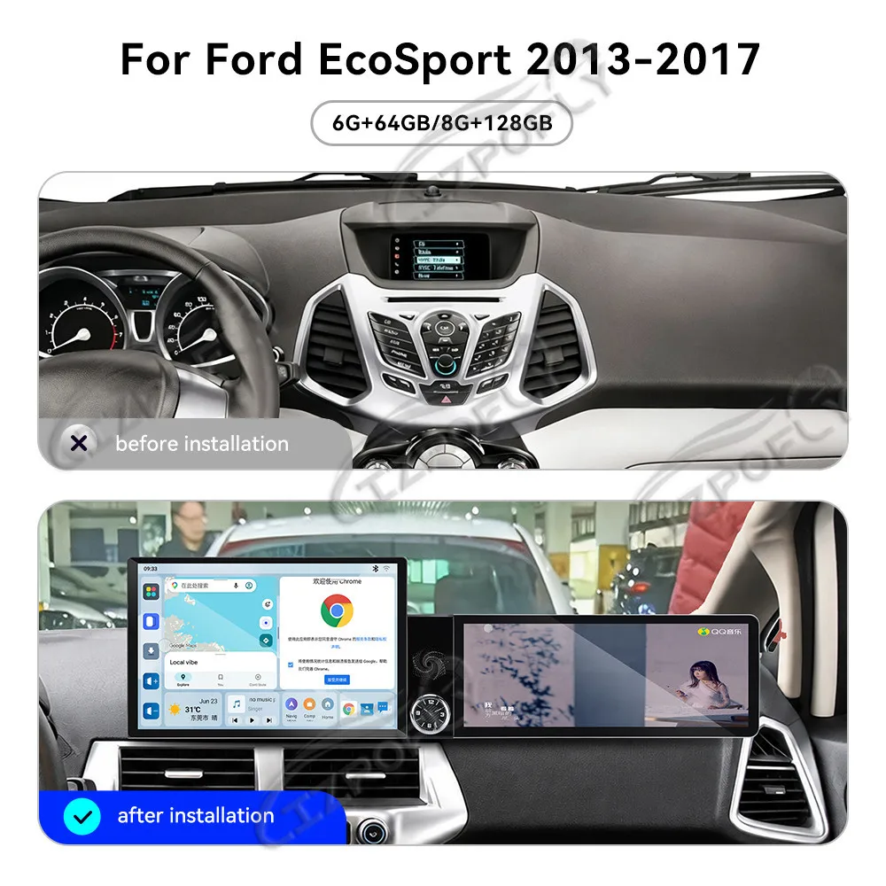 Lizpofly 13.1 inch+12.3 inch Android Car Radio For Ford EcoSport 2013-2017 CarPlay GPS Navigation Multimedia Video Player Stereo