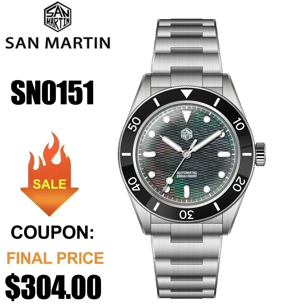 

San Martin SN0151 39mm Men Watch Guilloche MOP Dial Miyota 90S5 Automatic Mechanical Watches Sapphire Bezel 20 ATM Luminous