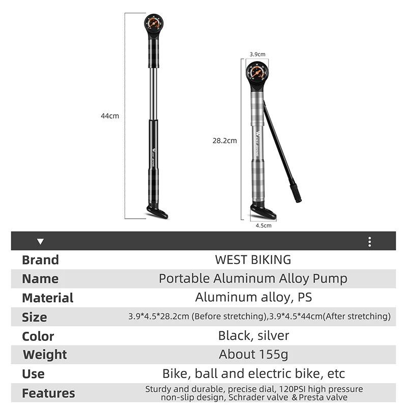 WEST BIKING Bicycle Pump Bike 120 PSI Aluminum Alloy Portable With Pressure Gauge Inflator Cycling Tire Pump Presta Valve MTB