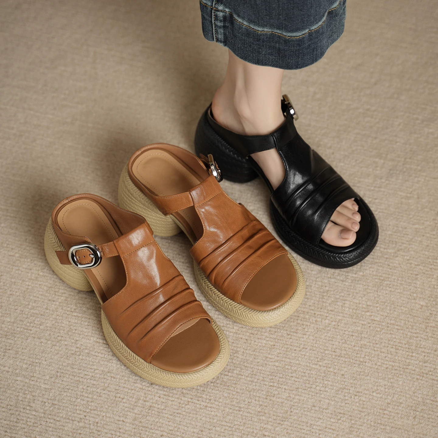 2026 new summer women sandals natural leather plus size 22-25cm cowhide+pigskin open toe buckle mules high heel women slippers