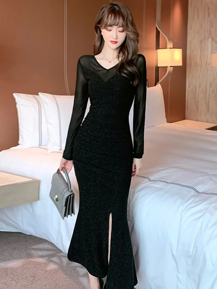 Elegant เซ็กซี่ชุดราตรีอย่างเป็นทางการผู้หญิงสีดํา Sheer ตาข่ายผ้าไหม Skinny Slit Fishtail Robe Femme Club Party Vestidos ฤดูใบไม้ผลิ