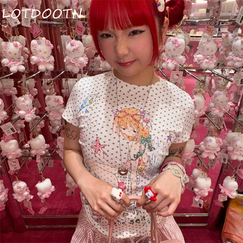 LOTDOOTN Japanese Y2K Sweet Spicy Girl Harajuku Angel Cartoon Print T Shirts Women's Slim Fit Polka Dot Sve Summer Versatile Top