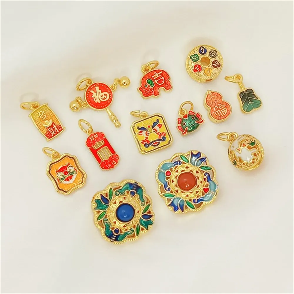 

Позолоченный 18-каратный синий перегородчатый ажурный шар "Фу" персонаж благоприятный знак колокольчик кулон DIY вручную с браслетом