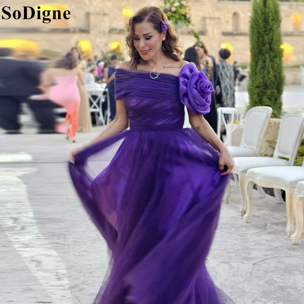 SoDigne Elegant Purple Evening Dresses Flowers Off Shoulder Pleated Wedding Party Bridesmaid Dress Special Occasion Prom Gowns