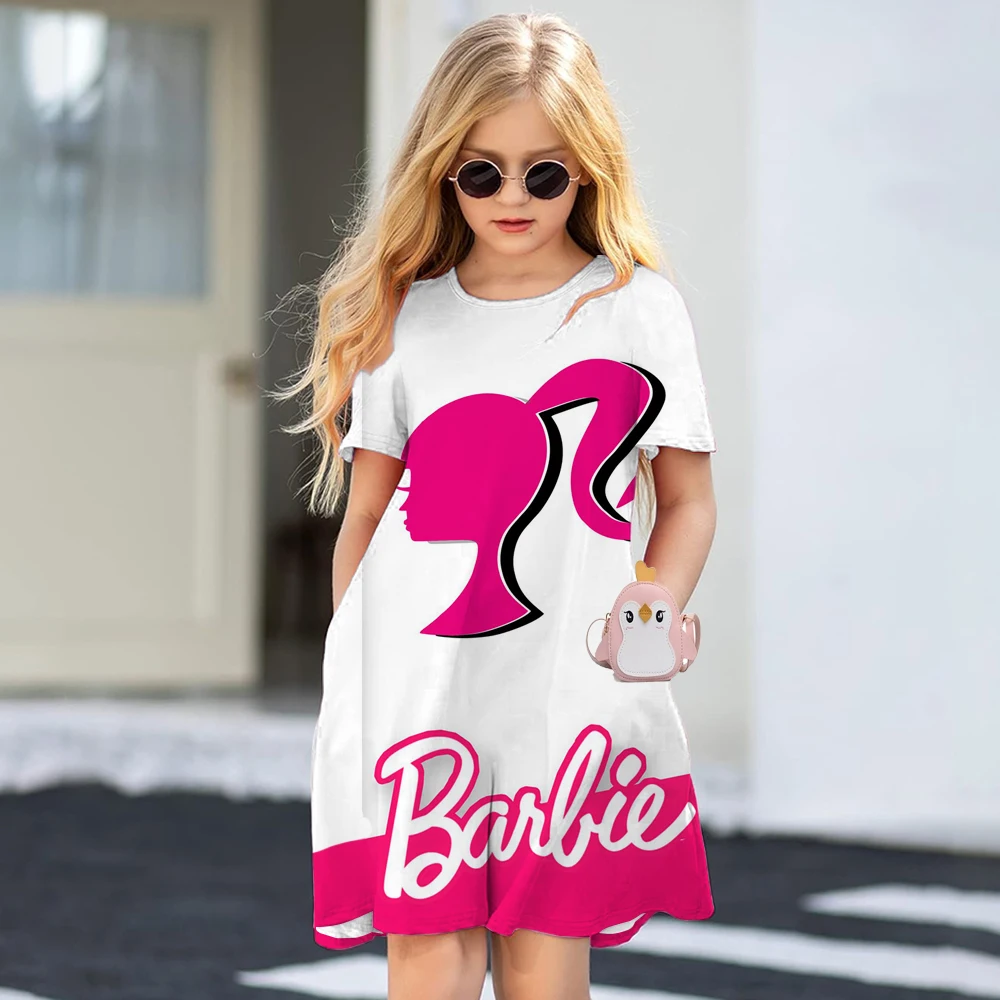 

2025 Girls Summer Short Sleeved Barbie Princess Dress Set with Cute Pattern 3d Printing Clothes for Children's Fashion Girls