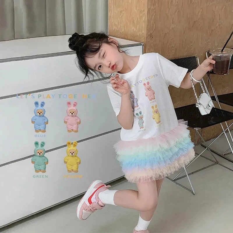 2-10 Years Kids Summer Dresses for Girls Layered Cartoon Short Sleeve Dress Children Clothing Toddler Baby Outfits 6 8 9