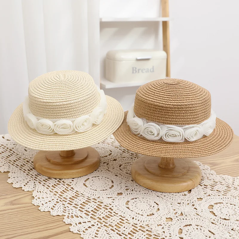 Kids Summer Sun Hats Girls Beige Lace Flower Panama Straw Hat Mother and Daughter Beach Ultraviolet-proof Flat top Cap Women