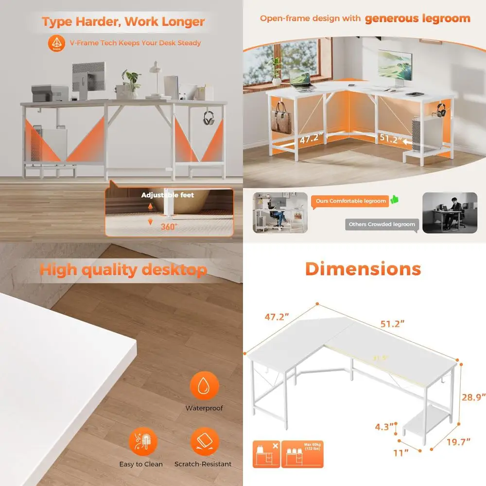 

White 50 L-Shaped Gaming Desk with CPU Stand and Hooks for Home, Bedroom, and Office