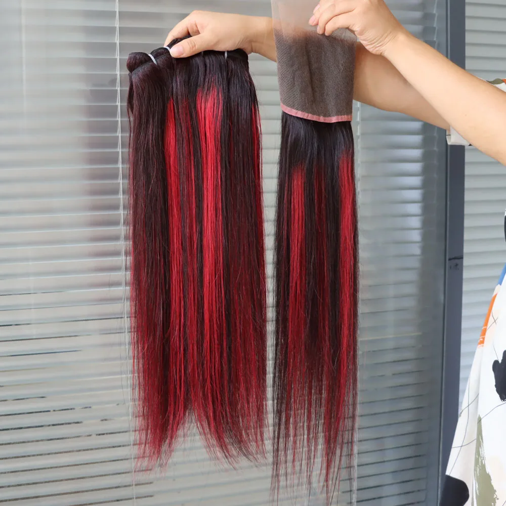 الجملة عذراء الشعر البشري النسيج حزم مع الدانتيل الشفاف إغلاق أمامي أومبير البيانو اللون تسليط الضوء على 1B بورغ لحمة حمراء