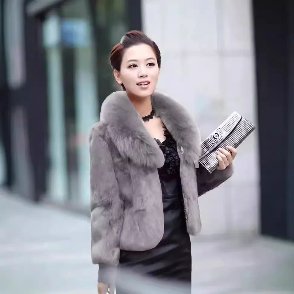 

Fur jacket short imitation Rex rabbit hair slim and thin imitation fur coat fox fur collar